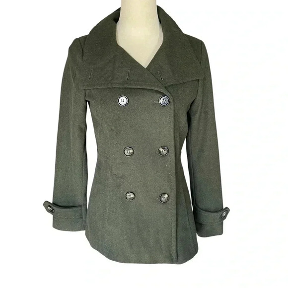 Thread & Supply Wool Blend Green Pea Coat Double Breasted Jacket Women Size S - Picture 3 of 8